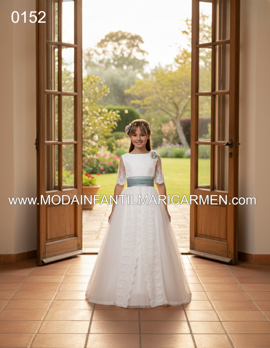 Vestido Comunión Tul Encaje Fajín Verde Seco 0152 2026