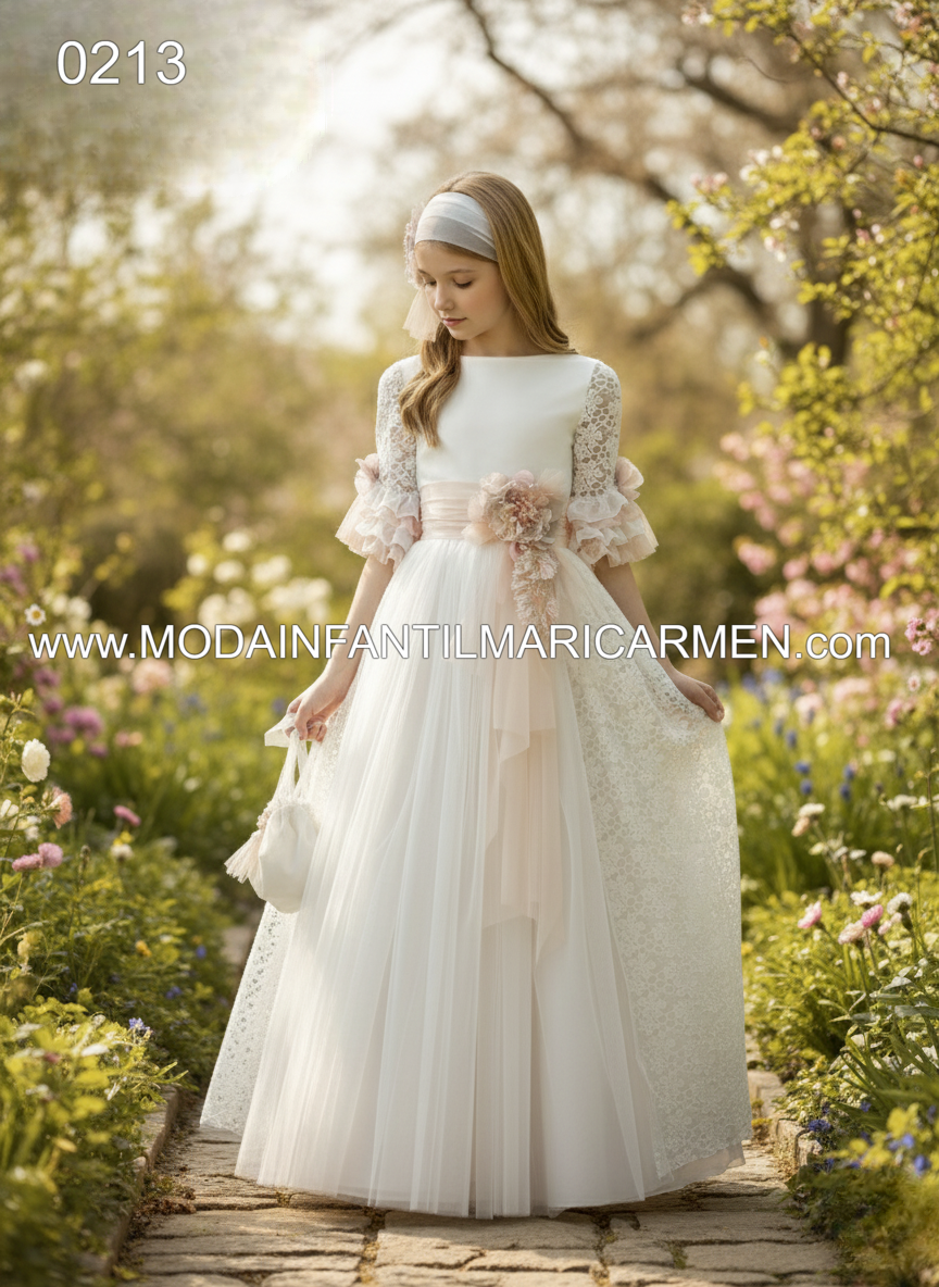 Vestido Comunión Encaje Volantes Rosa Empolvado 0213 2026