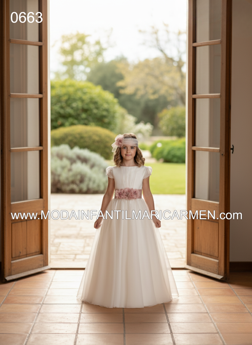 Vestido Comunión Liso Flores Rosa Viejo MariCarmen 0663 2026