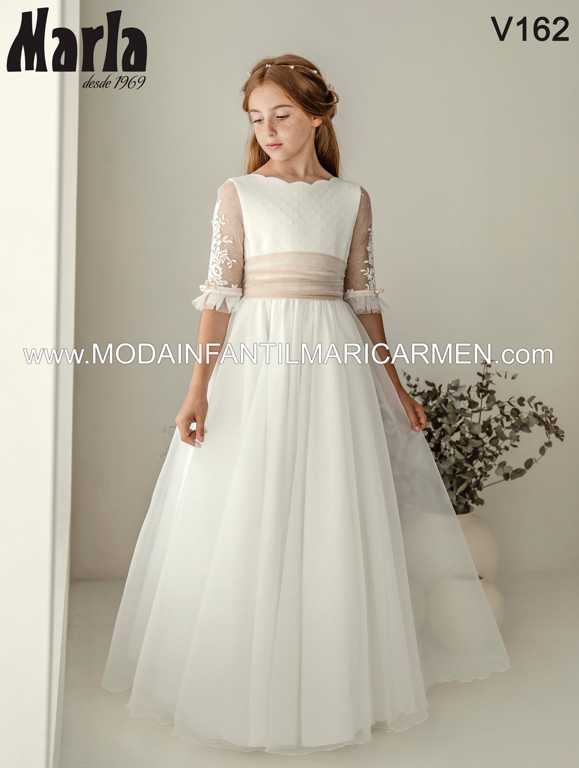 Vestido Comunión Encaje Manga Volante Rosa Empolvado 2026