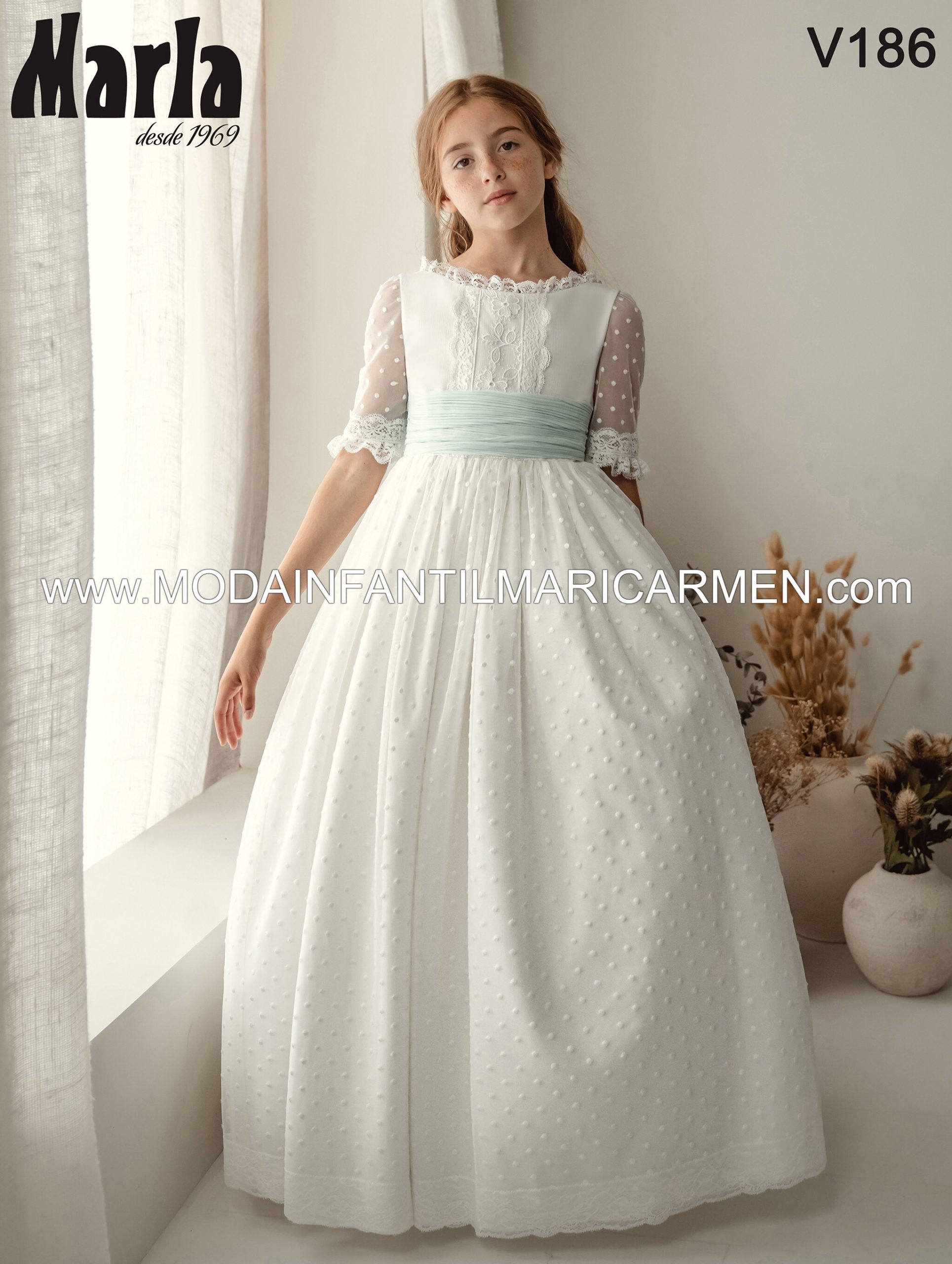 Vestido Comunión Tul Plumeti Verde Agua Marla V186 2026