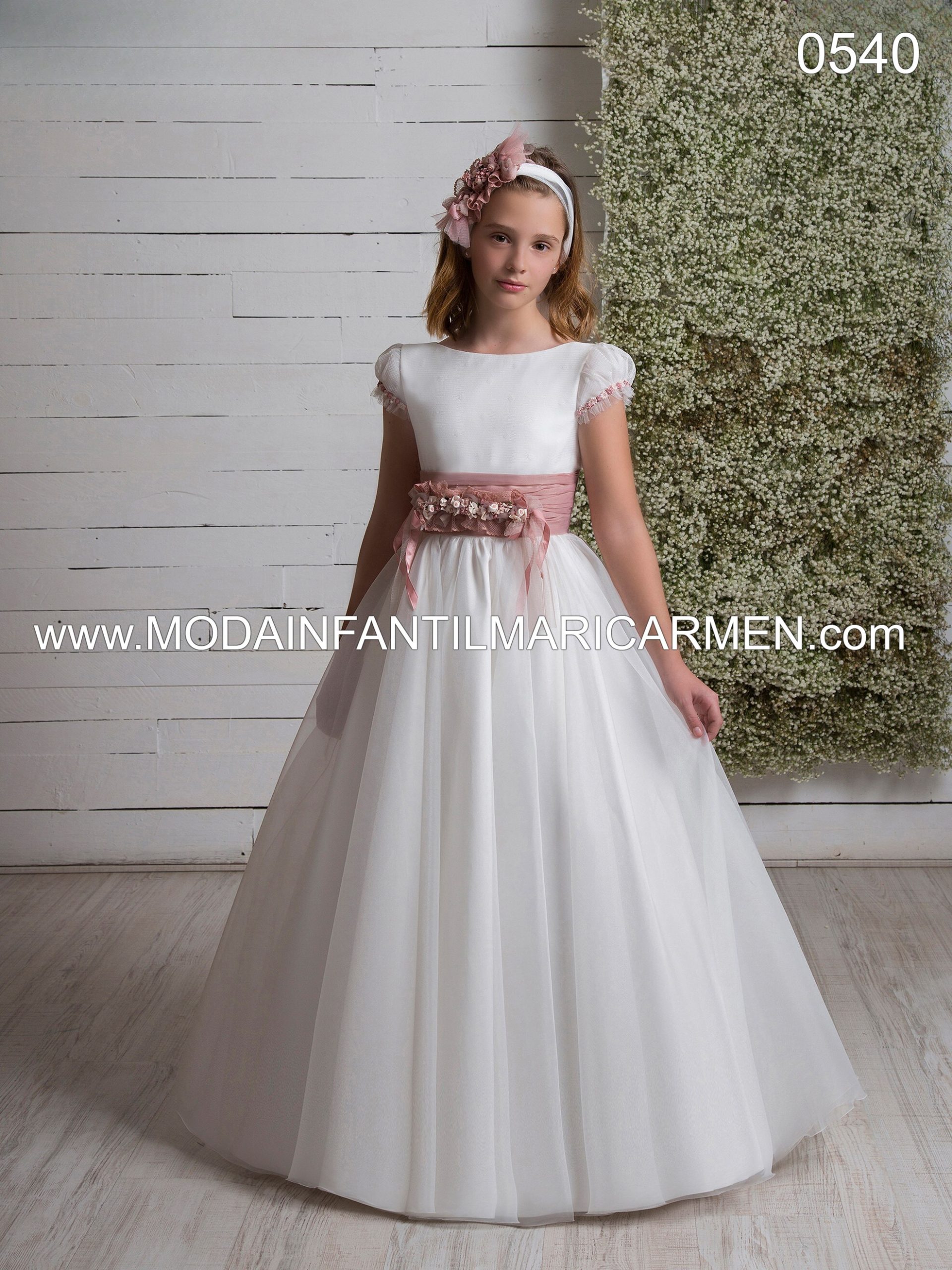 Vestido Comunión Liso Flores Rosa Viejo MariCarmen 0540 2026