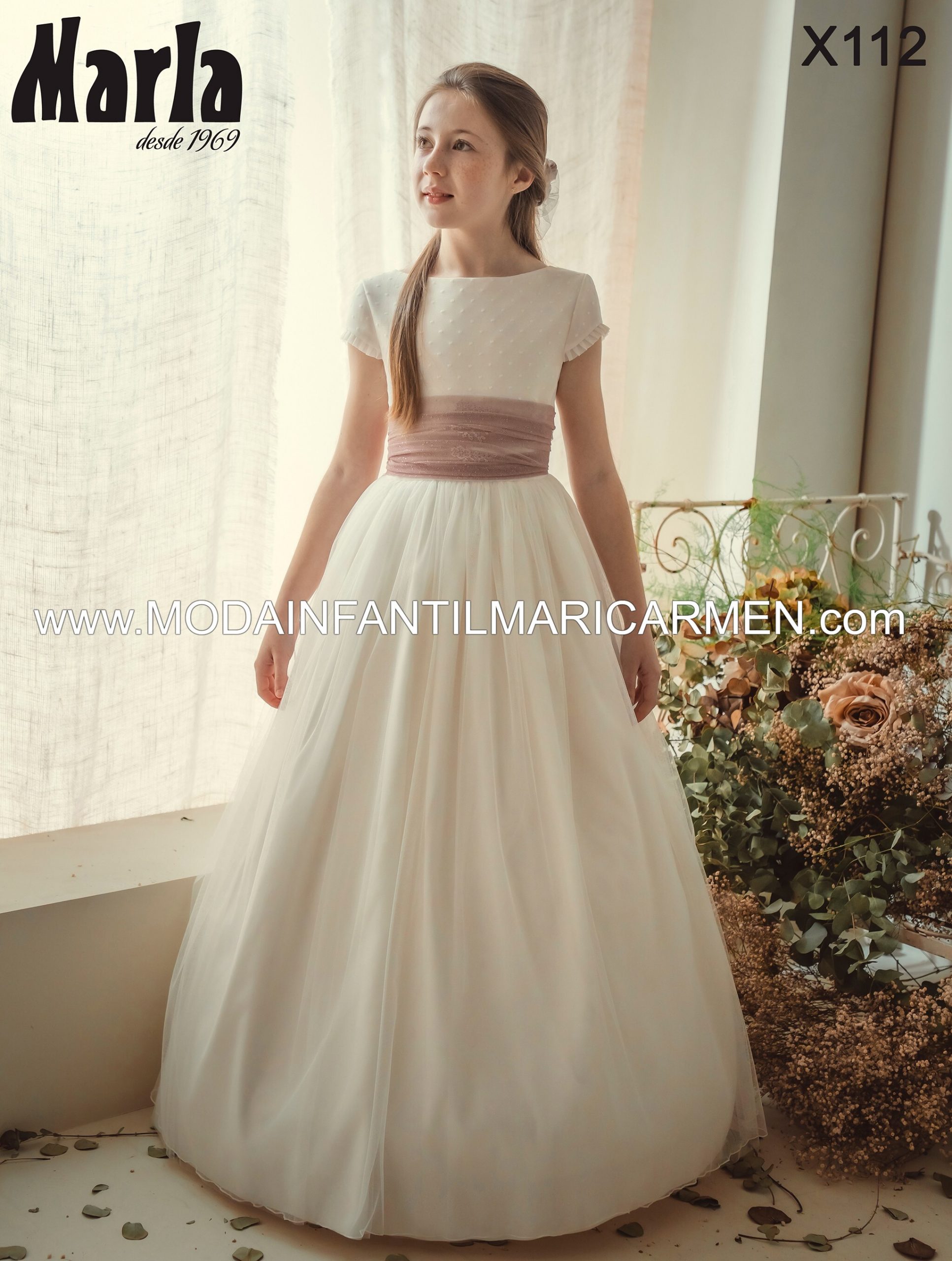 Vestido Comunión Plumeti Fajín Rosa Empolvado Liso Marla X112 2026