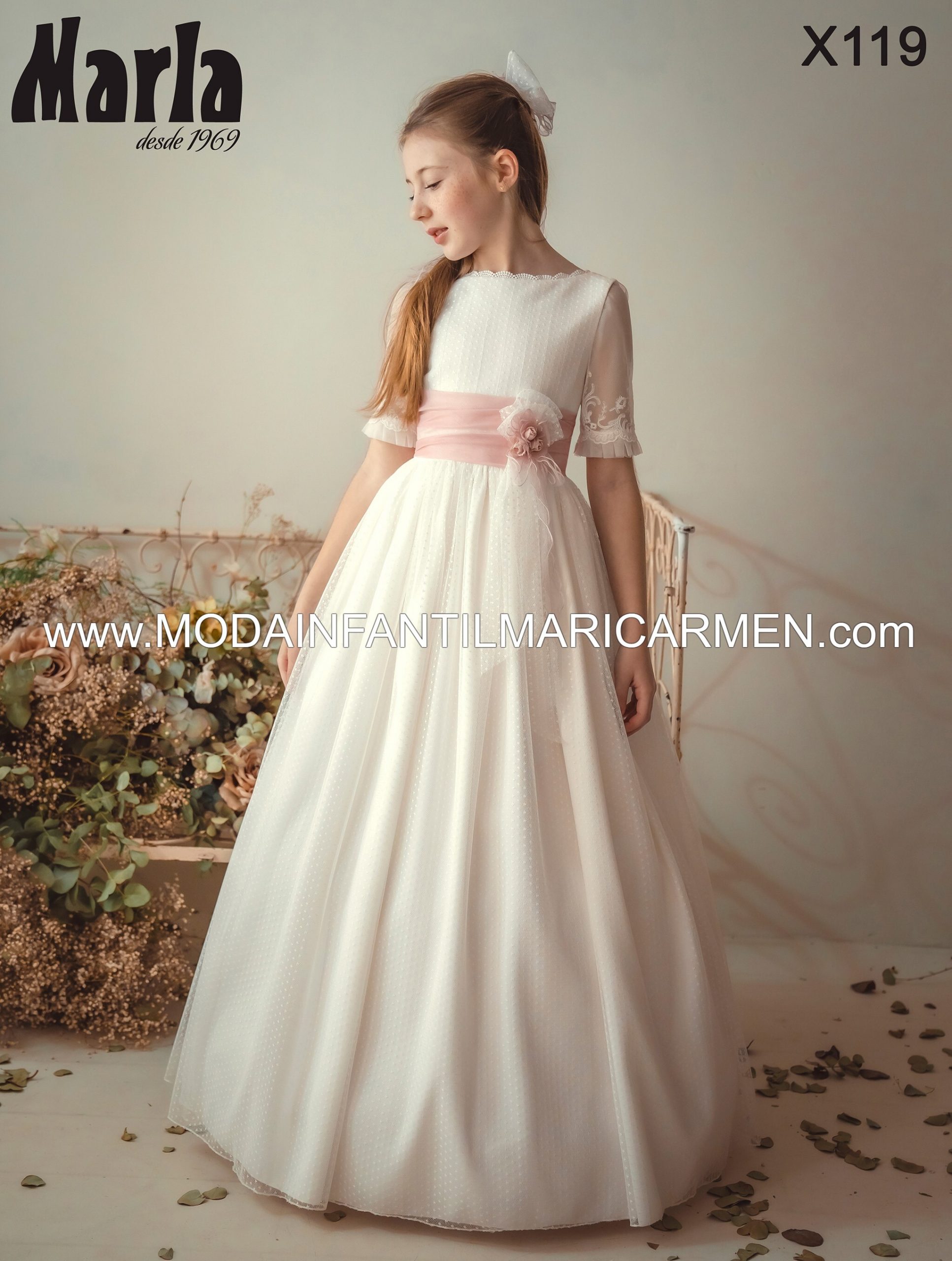 Vestido Comunión Plumeti Fajín Rosa Empolvado Marla X119 2026